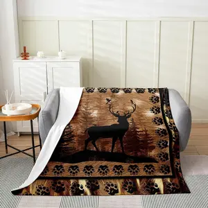 Feelyou Deer Flannel Fleece Throw Blanket - 60x80" Twin Size, All Season Blanket, Figure Print, Soft Plush, Edge-Stitched, Animal Print, Farmhouse Wild Animal Footprints, Rustic Cabin Country Brown Black, Indoor/Outdoor Bedroom Use, Figure Print Blanket