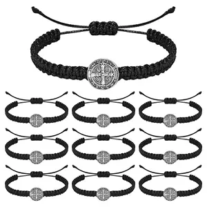OIDEA 10-Pack Saint Benedict Bracelets - Handmade Black Braided Cord Bracelet with Charms, Adjustable Drawstring Fit Alloy Medal, Unisex Catholic Protection Religious Group Sets, Daily Jewelry Gift for Men Women summerwins,summerwins