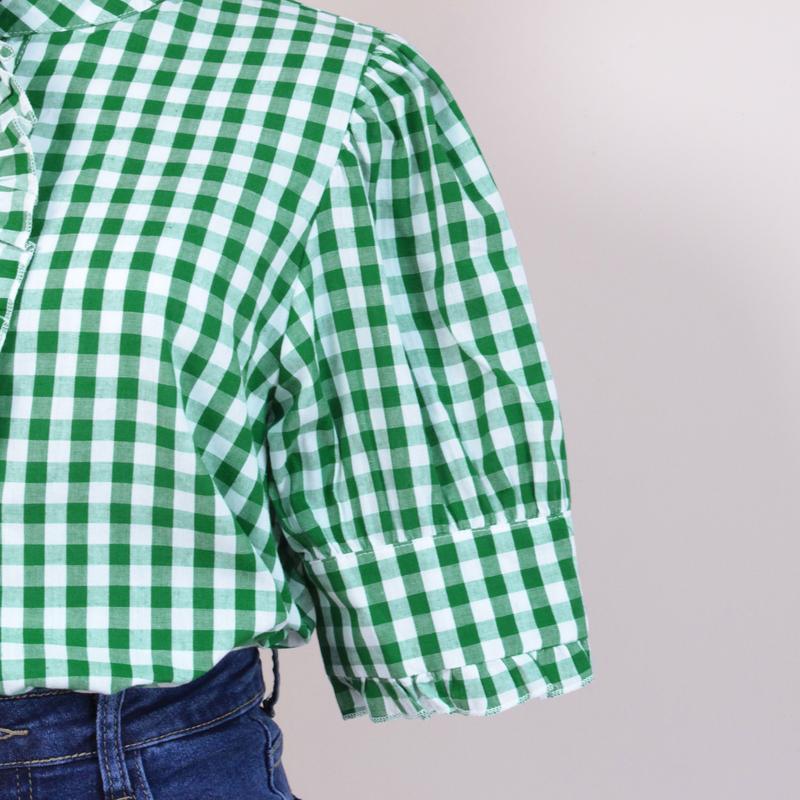 100% Cotton Green/Khaki/Red/Blue Gingham Check Shirt with Ruffle Neckline & Puff Sleeves Medium Length Women's Fashion Top Runs Large