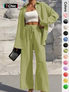 Women's Solid Button Front Shirt & Wide Leg Pants Set, Casual Two-piece Set, Women's Spring & Fall Clothes for Daily Wear, Casual Lounge Set