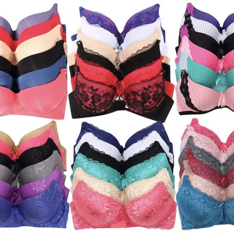 Women's 6-Item Pack Of  Random Assorted Print Bras (Sizes 30A To 46DDD) Fabric Lace