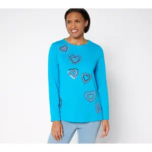 QVC Women's Be Mine Rhinestone-Embellished Long-Sleeve Blouse Top