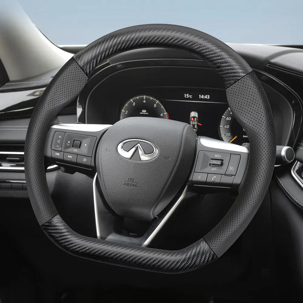 For Infiniti Steering Wheel Cover Frosted Carbon Fiber Textured Leather Combined with Perforated Breathable PU Leather Fits QX60/QX50/QX80/QX55/Q50/Q60/QX70 and Other Models Black Burgundy Mocha Orange