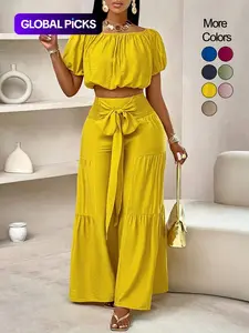 Summer Beach Vacation Bow Shoulderless Round Neck Shirt Wide Leg Pants Set, Casual Loose-Fitting, Women's Fashion, Womenswear