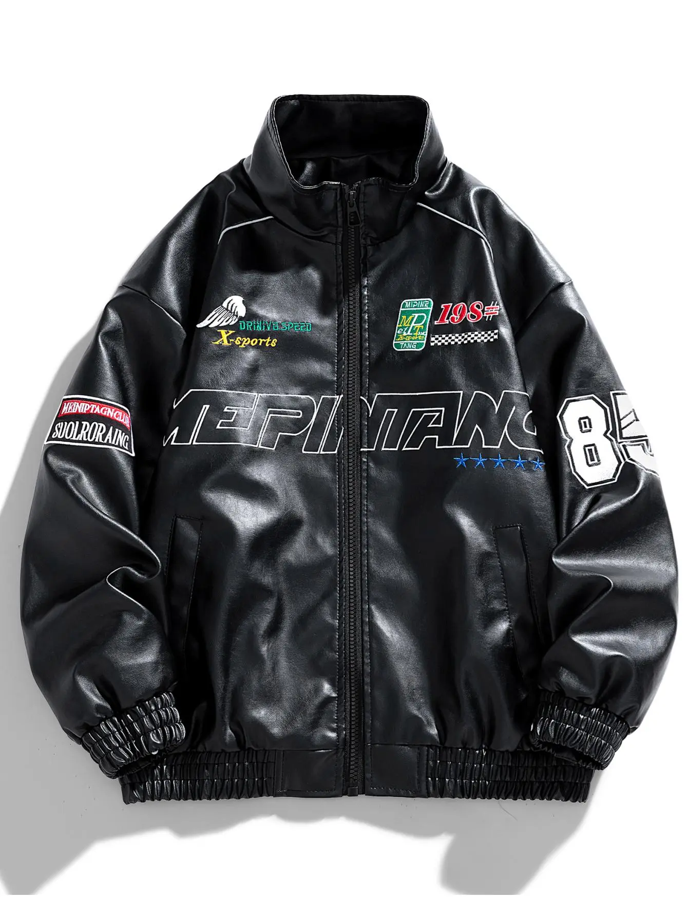 Men's Leather Jacket Spring Autumn Winter Stand Collar Trendy Fashion Motorcycle Embroidered Leather Coat