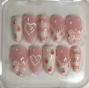 Handmade Pink Bow Srawberry hand painted Nails, Custom press-on nails, Handmade Press on Nails, Cute Pink Nail, Faux Acrylic Nails, 3D Gel Nails, Press on Nail