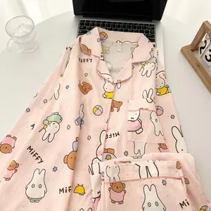 New Kawaii Miffy Rabbit Sleepwear Cartoon Cute Long Sleeve Long Pants Loose Cardigan Home Clothes Set Girl Gift