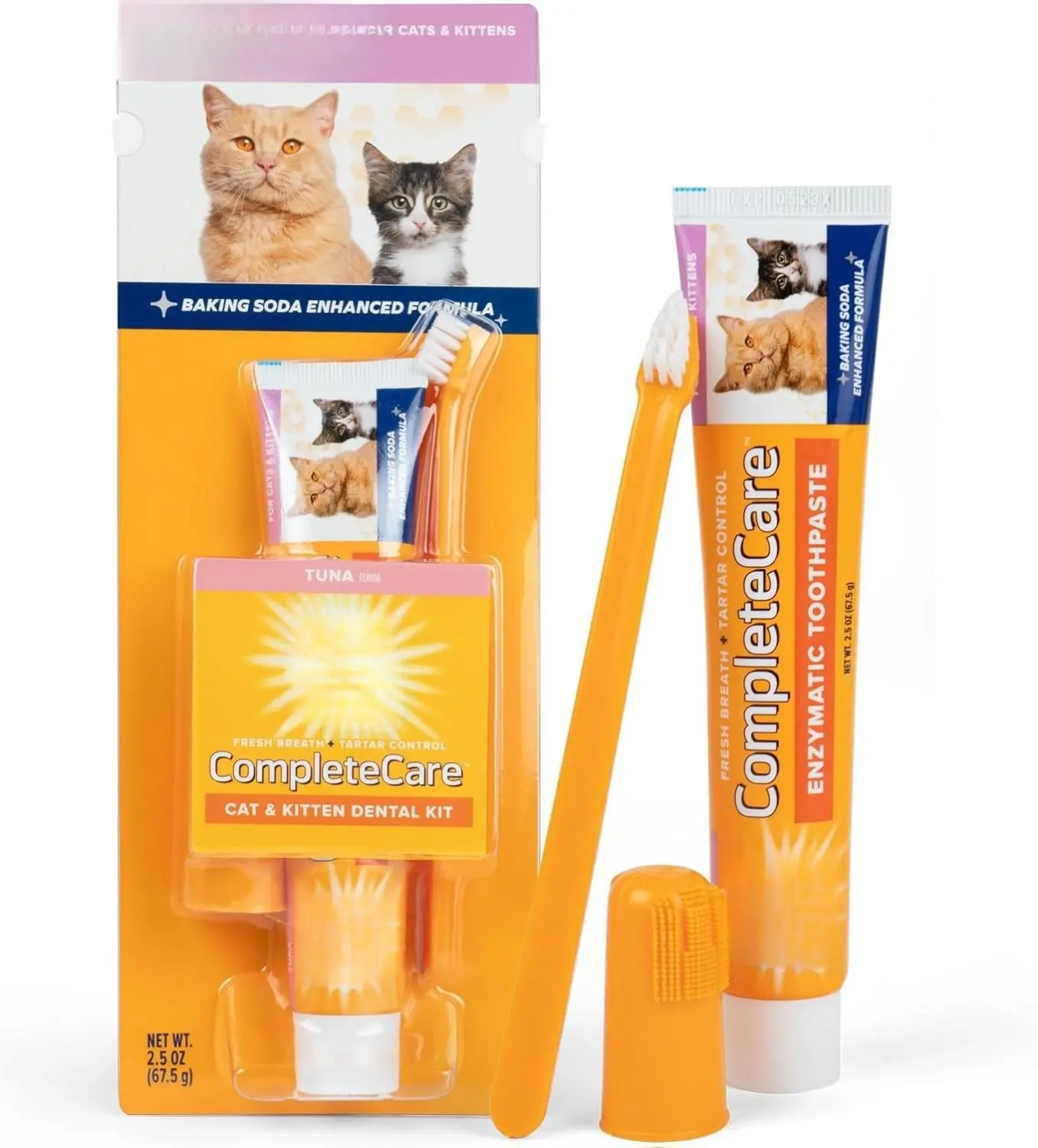 Pets Complete Care Cat & Kitten Dental Kit | Includes 2.5 oz Tuna Flavor Enzymatic Cat Toothpaste, Cat Toothbrush, and Rubber Finger Brush for Cats