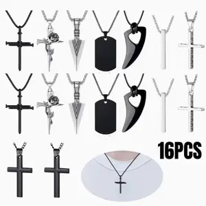 16pcs Men'S Necklace Set, Men'S Necklace Jewelry Set, Black and Silvery Stainless Steel Necklace, Cross Pendant Necklace, 16-24 Inch Chain
