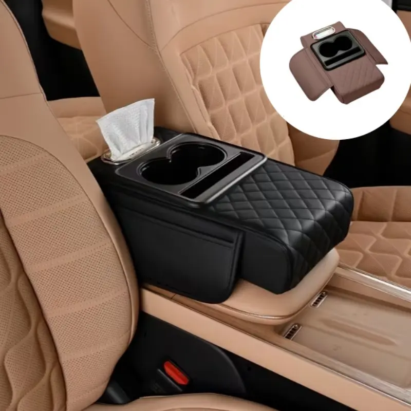 Multifunctional Car Armrest Cushion Pad, PU Leather Console Mat with Side Pockets, Cup Holders, Paper Towel Holder, Car Tissue Holder, Fits Most Cars, Car Interior Organizers, Car Organizer for Console, Car Organizers and Storage