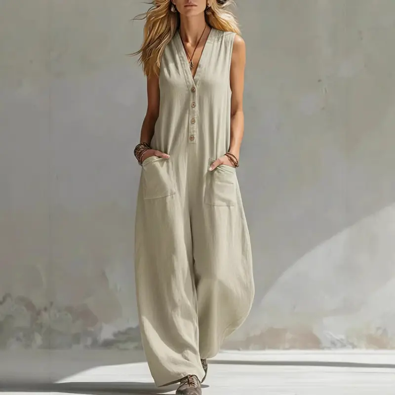 Women's Clothes, European-American Style Fashionable Double-Pocket Sleeveless Linen-Cotton Casual Jumpsuit