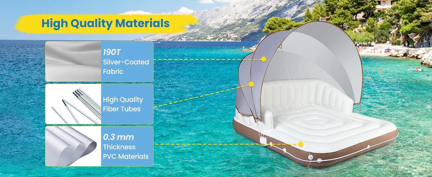 Inflatable Pool Float with Canopy & Cup Holders, Heavy Duty Floating Lounge Raft for Adults Kids, Durable Water Float for Pool Beach Lake River Summer Water Party