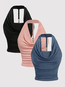 Elegant Comfortable Halter Backless Women's Solid Tank Top Set, Spring Summer Fall Essential, Perfect for Casual Summer