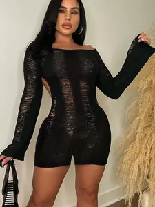 Women's Solid Backless Sheer Romper, Casual Long Sleeve Romper for Spring & Fall, Women's Clothes for Daily Wear, Chic