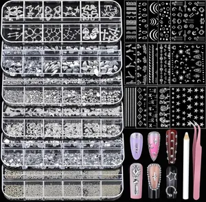 Teentior Nail Charms and Gems Silver Rhinestones for Nails with 15 Sheets Nail Stickers, 6 Boxes Nail Gems Y2K Accessories Pearls for Nails, Cross Nail Charms for Nails Design Caviar Beads for Nails
