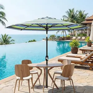9ft Patio Umbrella with 8 Sturdy Ribs, Outdoor Table Umbrella with Crank Lift and Push Button Tilt, Striped Market Umbrella for Pool, Deck, Backyard, Garden and Outdoor Cafe