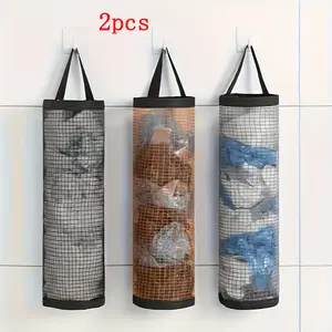 2pcs Mesh Grocery Bag Dispenser, Hanging Plastic Bag Holder Organizer, Foldable and Breathable Garbage Bag Storage for Kitchen