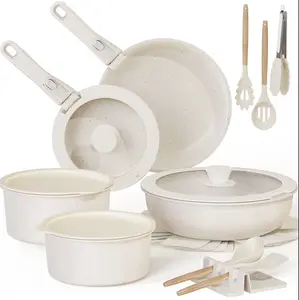 20 Piece Pots and Pans Set Non Stick, Cookware Set with Detachable Handle, Oven Safe, Induction Ready, Stackable RV Kitchen Cooking Set Removable Handles, Cream White