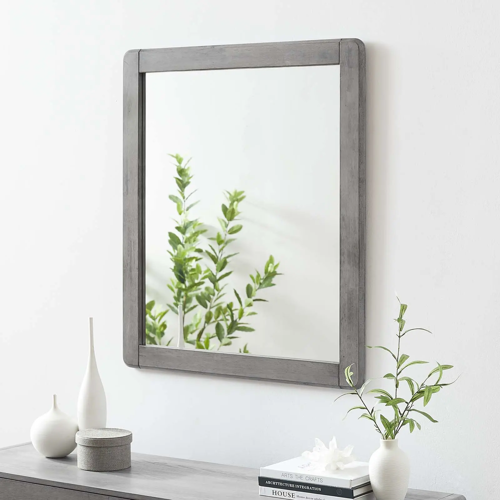 Modway Georgia Gray Wood Wall-Mounted Decor Mirror - Solid Frame, Rustic Charm, Farmhouse Aesthetic, Rectangle Shape for Cohesive Home Decor Look, Woody, One Size
