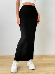 Slit Maxi Wrap Skirt - Black Minimalist Style All Seasons Tapered Fit 95% Polyester 5% Elastane Tumble Dry Low Care Instructions