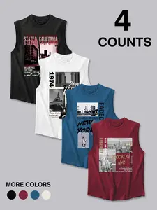 Men's City Travel Graphic Prints Round Neck Modern Tank Top 4-Pack – California, Paris & NYC Vintage Sleeveless Tees, Casual Streetwear Urban Tops (Multiple Colors)
