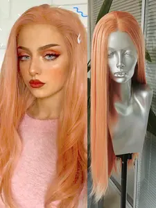 Light Orange Straight Hair Synthetic Wig Middle Part Silk Straight Lace Front Wigs with Natural Hairline for Women Man Cosplay Party Use Heat Friendly Orange Fiber Hair