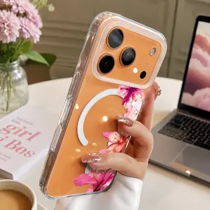 Cute Lilies Flower Pattern Magnetic Clear Case for iPhone 17 16 15 14 13 12 11 Pro Max X XS MAX Air 17E Super Magnetic Attraction Shockproof Protective Phone Case Compatible with MagSafe Accessories Girly Gift