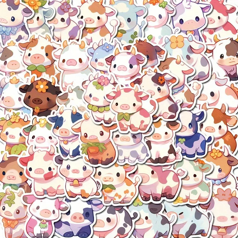 Cute Cartoon Cow Pattern Sticker, 50pcs/set Waterproof Self Adhesive Decor Paper, Decorative Sticker for Gift Greeting Card Water Bottle Laptop Phone