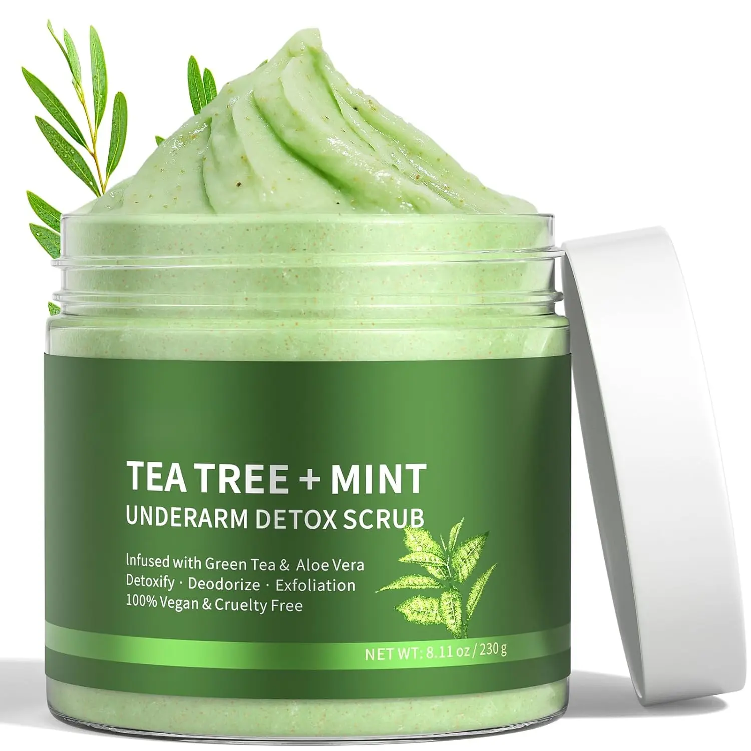 Natural Unisex Armpit Detox Cleanser Scrub - Tea Tree, Mint, Walnut Shell Powder, Green Tea, Gentle Cosmetic Underarm Exfoliator for Adults, Sensitive Skin, Odor Removal, Dark Spot Correction, Gym & Work Use, Feet Care, 8.11 Oz