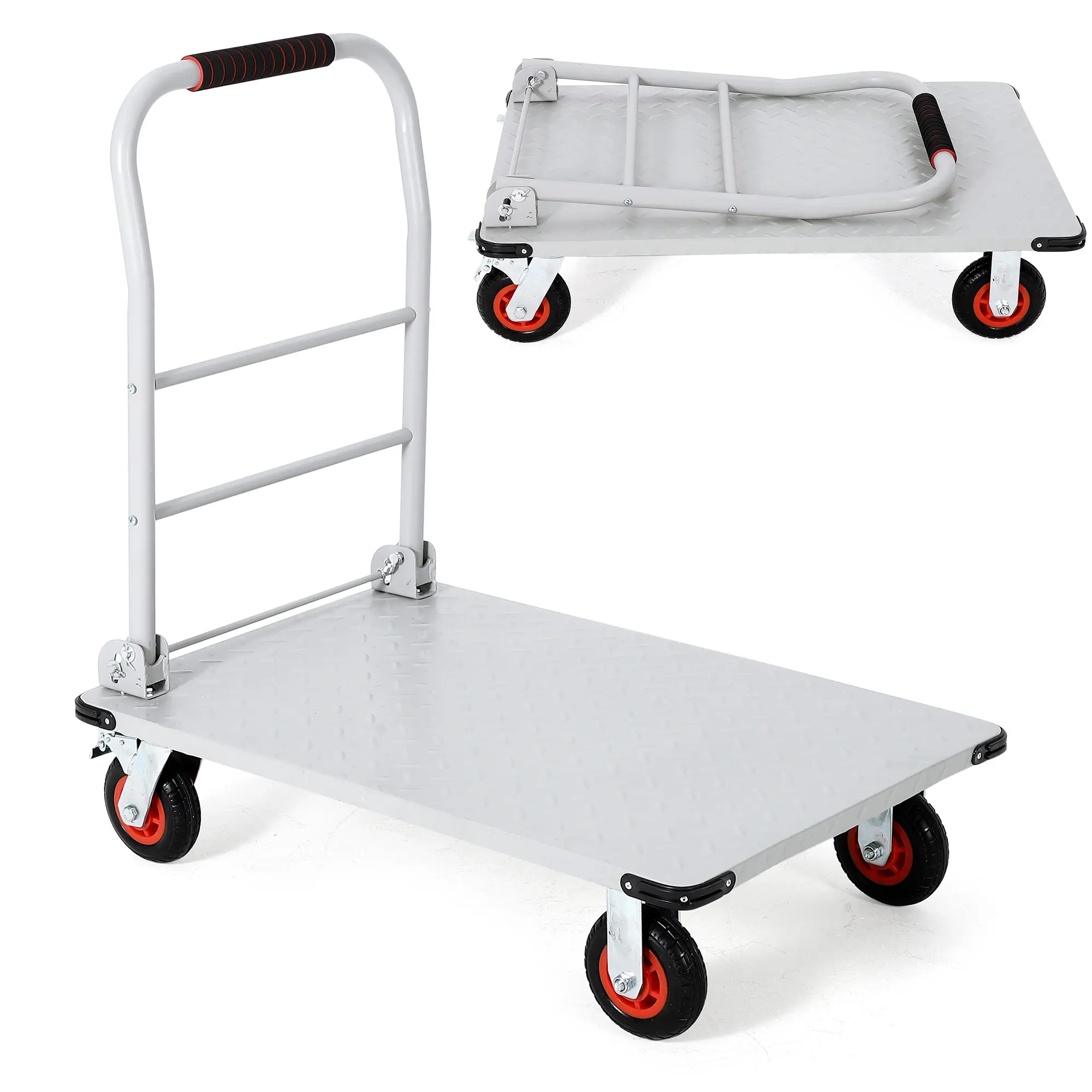 Heavy Duty 1800LBS Platform Truck Cart, 36"x24" large collapsible flatbed with 6-inch swivel brake wheels. Foldable portable utility hand dolly, sturdy and labor-saving, perfect for warehouse, garage, shipping and daily moving transport.