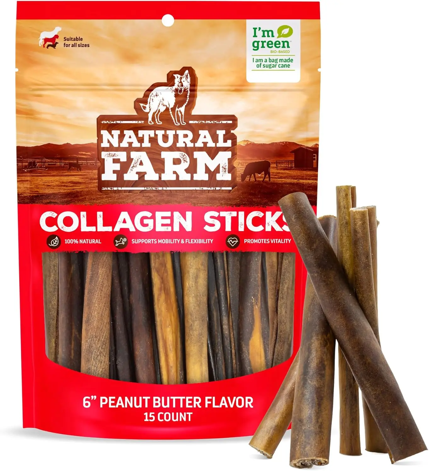 Natural Farm 6in Collagen Sticks Dental Dog Treats - Peanut Butter Flavor, 15-Pack (15 Count), All-Natural Beef Skin, Joint Support Supplement, Healthy Coats, Skin & Muscle Support, Long-Lasting for Hard Chewers