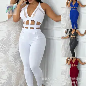 White Fitted Jumpsuit with Hollow-Out Design, Tie-Up Halter Neck