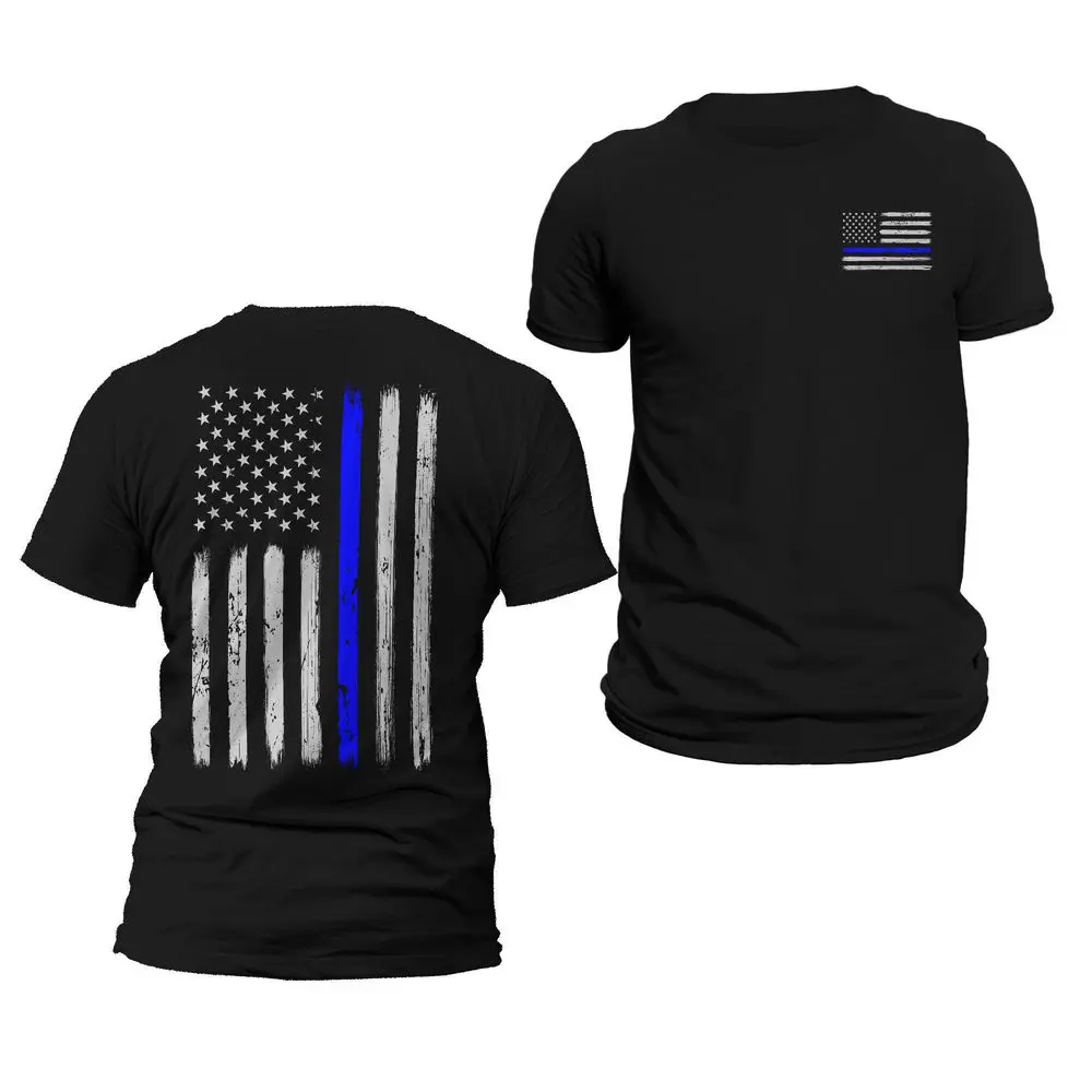 Police Thin Blue Line Flag Front & Back Shirt Vertical Brushed Design T-Shirt Patriotic Gift for Police Officer