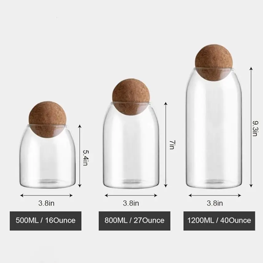 Set of 3 Cork ball jar (same size)/ Clear Glass Storage Cute Canister Holder Ball Wood Cork Top 500 ML / 16 OZ. Containers Coffee Tea Handmade Kitchen Airtight Matte
