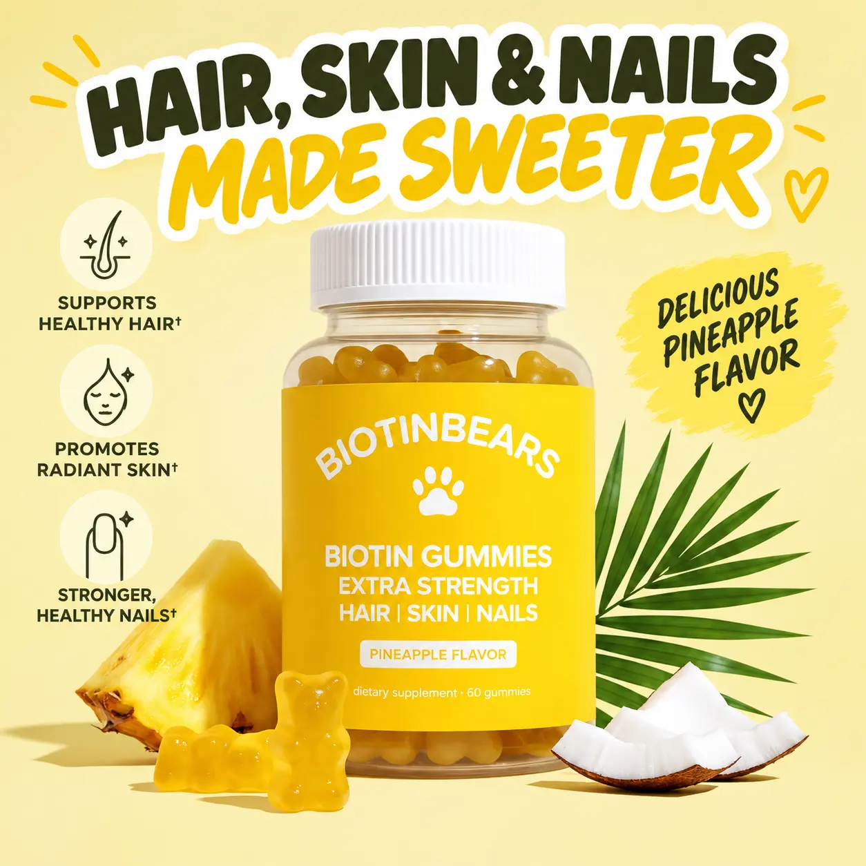 CBB BiotinBears | Biotin Beauty Gummies | Hair, Skin & Nails Support | Vitamins C, E, B6 & B12 | Pineapple Flavor | Your Daily Beauty Gummies | 1-Month Supply | 60 Gummies