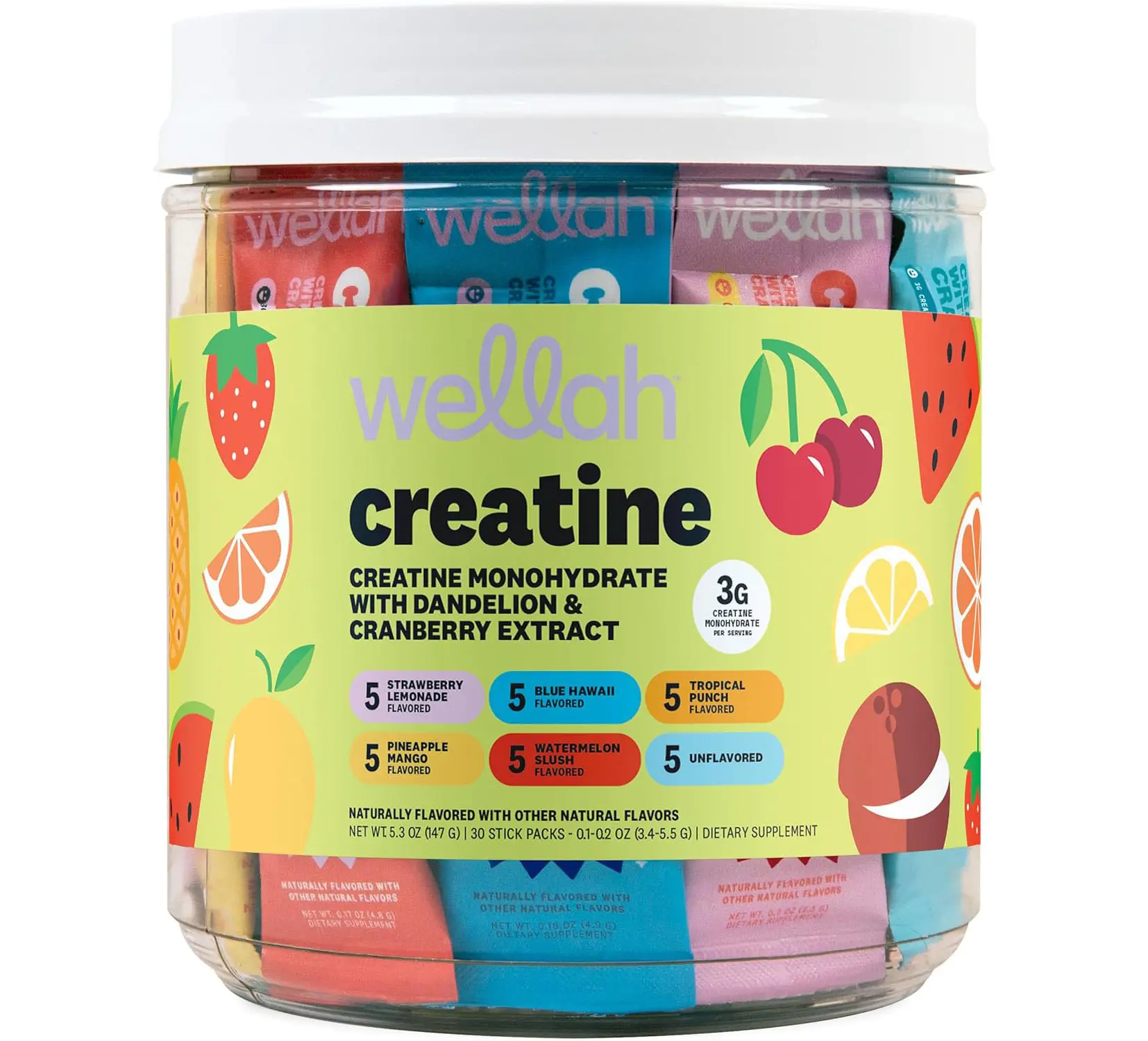Wellah Creatine for Women (Variety Pack) 30 Stick Packs - 3g of Creatine Monohydrate Powder with Dandelion & Cranberry Extract, 6 Flavors, to-Go Packets