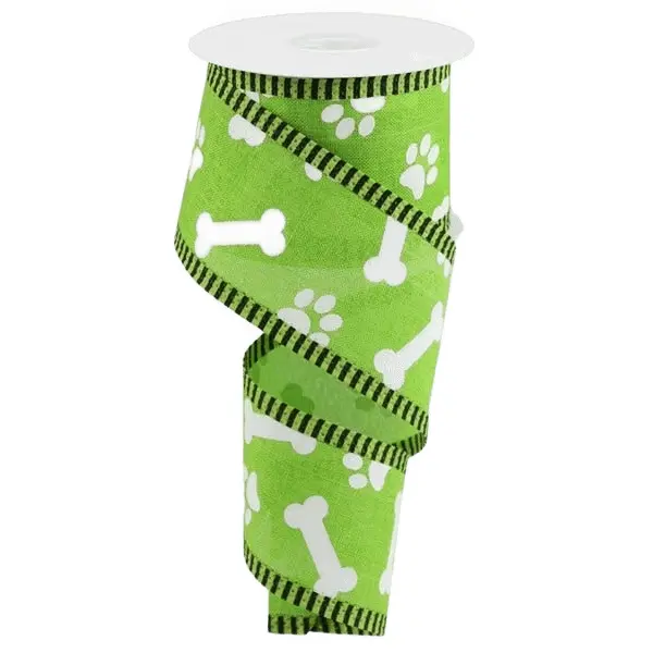 2.5" x 10yd Paw Print Bones Thin Stripe Ribbon – Lime/White/Black