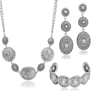 3 Pcs Western Concho Costume Jewelry Set for Women Western Dangle Earrings Boho Choker Necklace Bohemian Cuff Bracelet Cowboy Chic Country Concert Outfits for Women Christmas Jewelry Gift