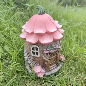 1pc Charming Resin Mushroom House Garden Statue, Fantasy Fairy Tale Theme with Pink Dead Grass House and Flowers Outdoor Statue Decoration, Perfect for Spring Decoration, Yard Display and Birthday Gifts, Garden Decoration Outside,