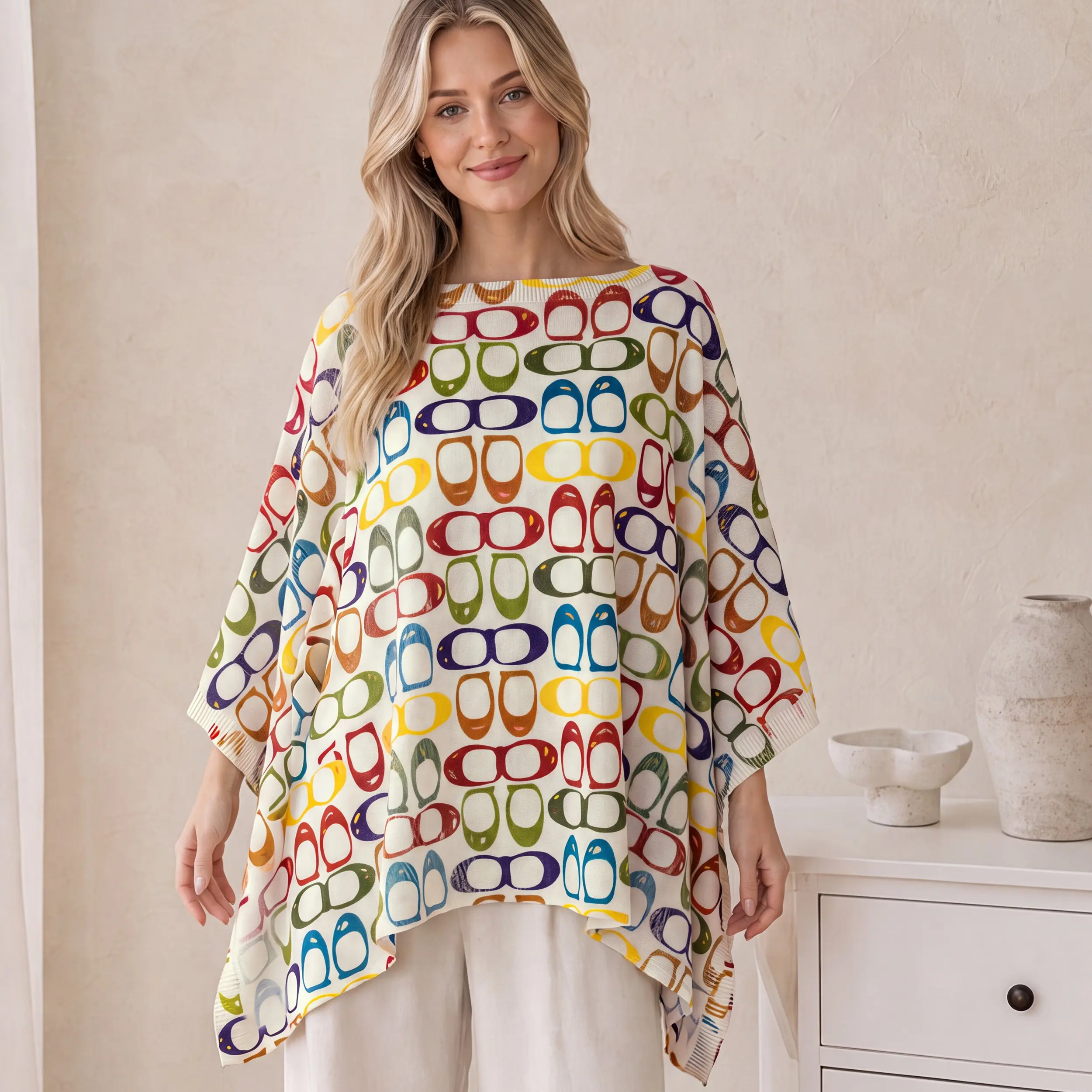 Trendy Abstract Printed Oversized Knit Shawl, Casual Irregular Hem Loose Tunic Blouse Daily Wear summer scarf