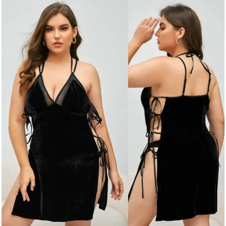 Women's Deep V Halter Slip Lingerie Nightgown, Sleeveless Side Tie-Up Backless Intimate Wear with Easy Access Design