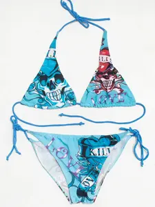 Vintage Y2K Skull Love K1ll Inspired Blue Bikini Set