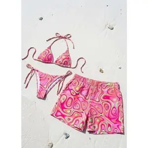 Matching Couple Swimwear Set - Neon Colors Bikini + Drawstring Waist Trunks, Psychedelic Pink and Green Design, Moisture-Wicking Retro Festival Beach Outfits, Summervibes Surfwear