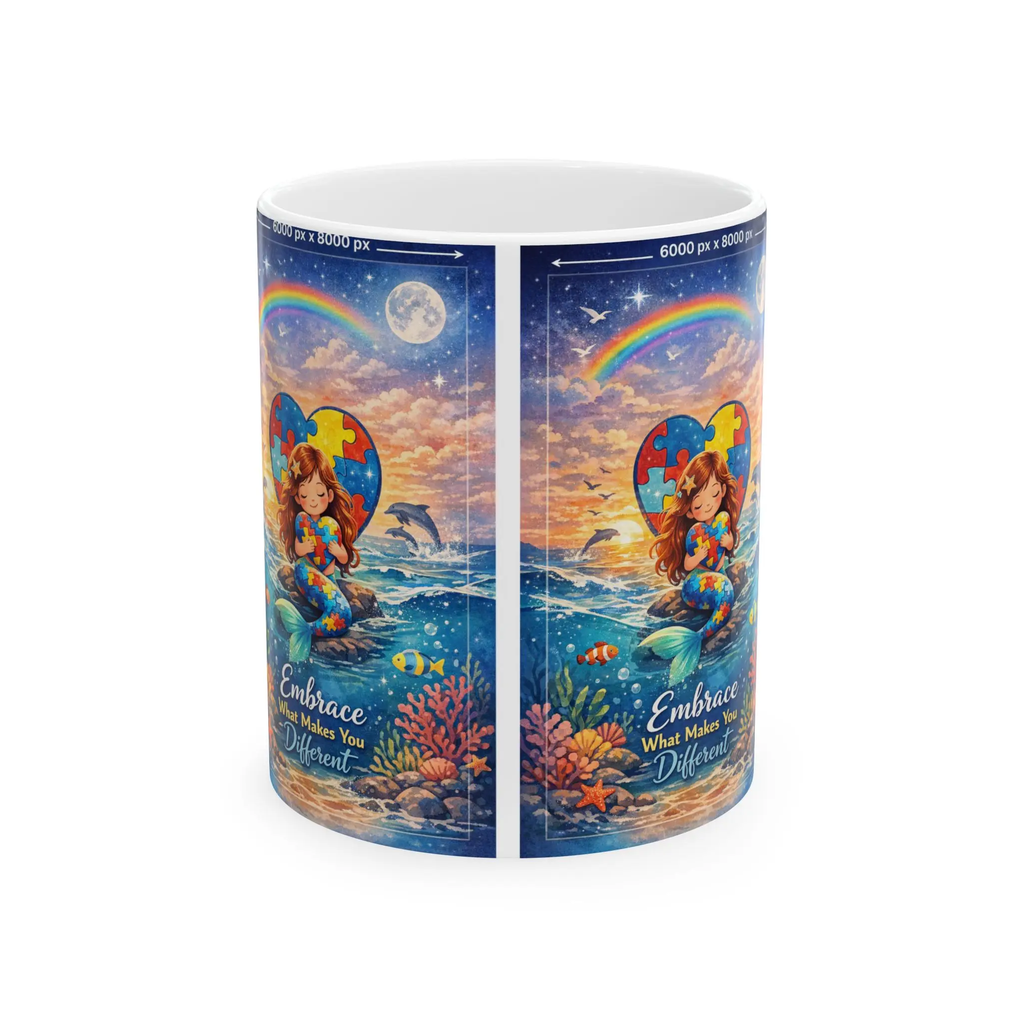 Glossy Autism Awareness Mermaid Heart Ceramic Mug - 11oz BPA-Free Reusable Colorful Ceramic Drinkware, Washable Kitchenware for Coffee Drinks, Ceramic Mugs, Colorful Ceramic Mugs