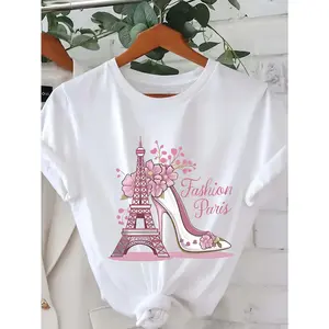 Chic Eiffel Tower & High Heels Graphic Tee for Women, Short Sleeve Crew Neck, Relaxed Fit, Casual Summer & Spring Top with Floral Accents, Perfect for Travel & Outdoor Activities