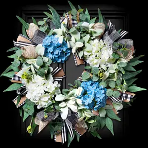 20-22" Year Round Hydrangea Front Door Wreath, Spring Summer Wreath with Buffalo Check Burlap Bow Eucalyptus, Handmade Decor for Porch Wall Farmhouse Holiday