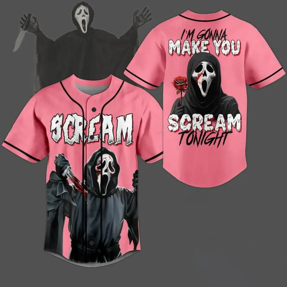 Ghost Face Pink Baseball Jersey Halloween Pattern Print Lightweight Gift for Fan