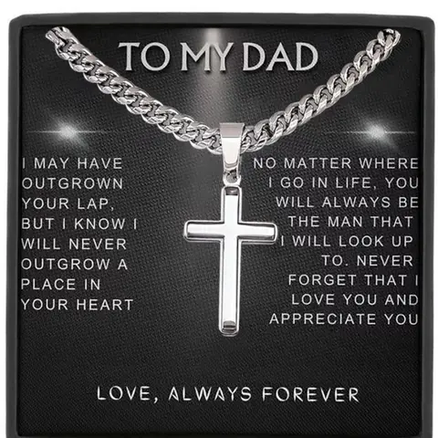 "To My Dad" Cuban Link Chain Cross Pendant Stainless Steel Jewelry Men Jewelry Necklace with Box and Card, Birthday, Christmas and Father's Day Gifts, Cross Necklaces, Cross Chain Design