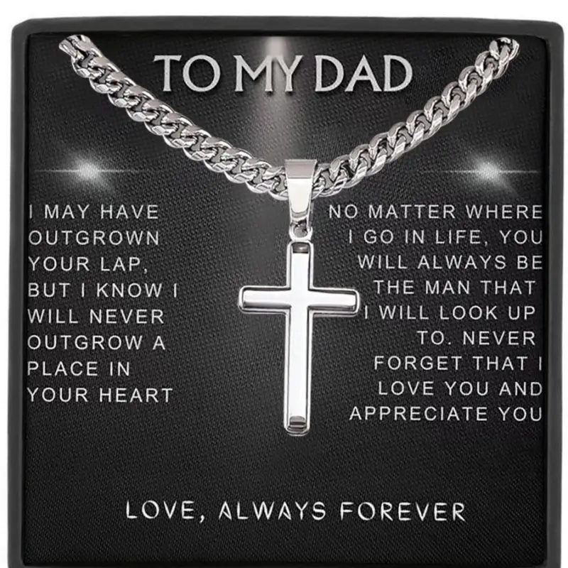 "To My Dad" Cuban Link Chain Cross Pendant Stainless Steel Jewelry Men Jewelry Necklace with Box and Card, Birthday, Christmas and Father's Day Gifts, Cross Necklaces, Cross Chain Design