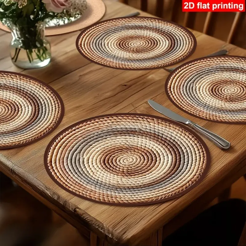 4-Piece Set Round Placemats, Circular, Natural and Print, Kitchen Decorative Placemat, Household Placemat, Kitchen Home Dining Party Holiday Decor, Classic Design, Moving Gift, Festive Table Setting